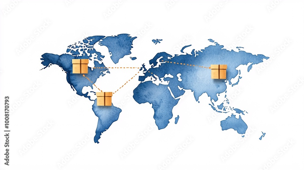 Obraz premium Global shipping network with packages on world map