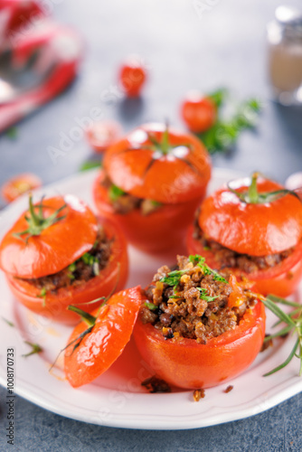 stuffed tomato with ground meat and herbs