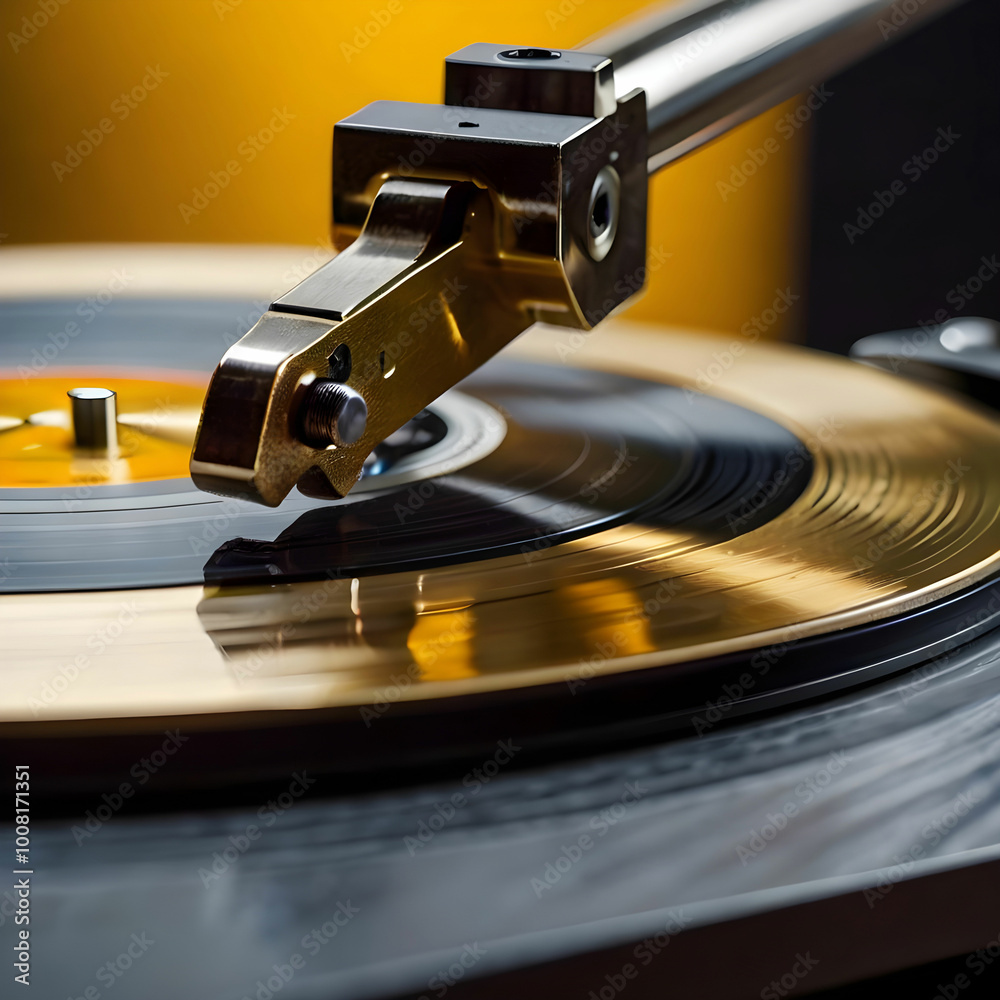 Turntable arm on golden Vinyl record rotating in a macro Turntable arm on golden Vinyl record rotating in a macro