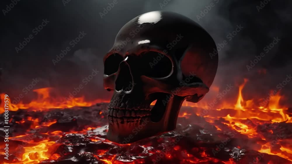 A human skull hovers over a bed of fiery embers. A human skull hovers over a bed of fiery embers.