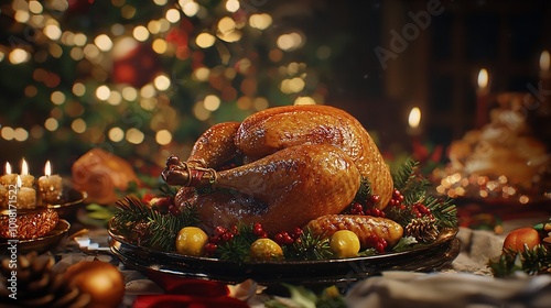 A traditional family Christmas dinner with a beautifully roasted turkey, surrounded by candles, evergreen, and holiday cheer. photo