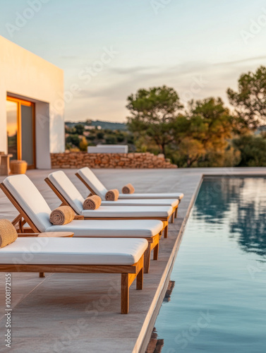 Cozy lounge chairs beside a serene pool at a picturesque villa during sunset