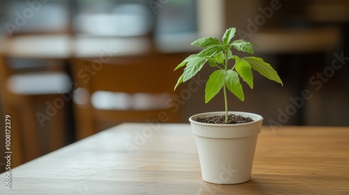 Fresh potted tomato plant on wooden table