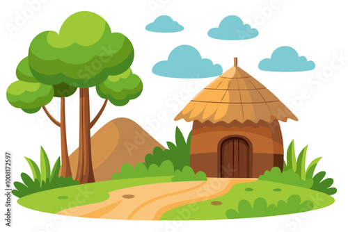 Village Nature Landscape Scene: Vector Art of Mud Hut Surrounded by Trees