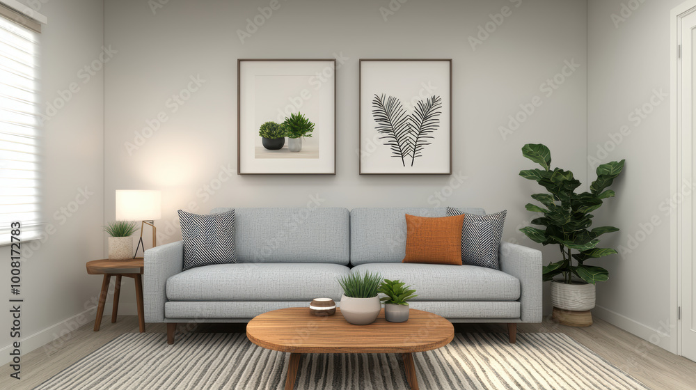 Fototapeta premium modern living room featuring light blue sofa adorned with decorative pillows, wooden coffee table, and potted plants. space is bright and inviting, enhanced by framed botanical art on walls