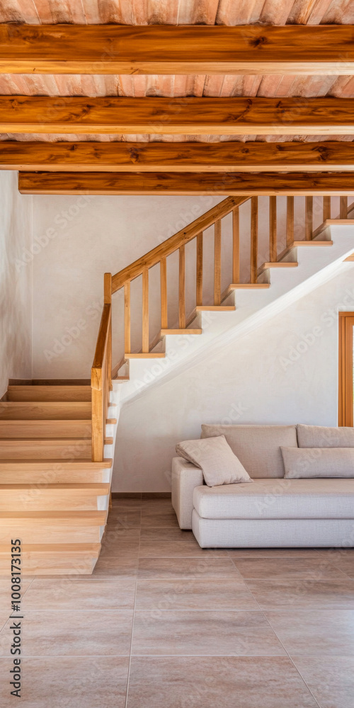 Modern living space with a wooden staircase and minimalist sofa in a bright interior Modern living space with a wooden staircase and minimalist sofa in a bright interior