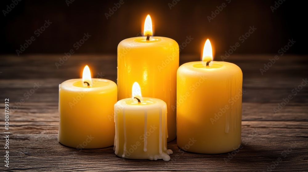 Warm glow of lit beeswax candles on wooden surface Warm glow of lit beeswax candles on wooden surface