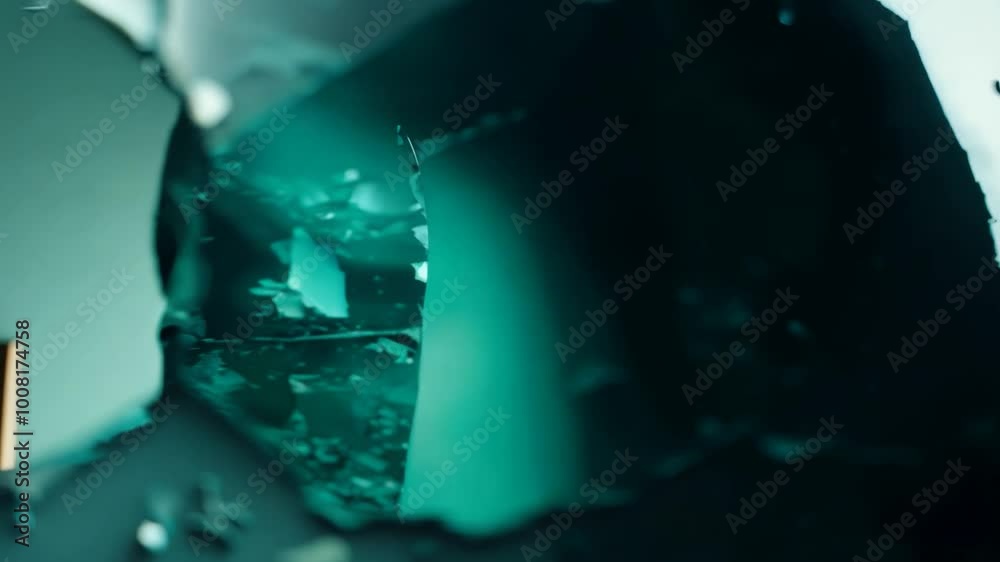 A woman's face reflected in a broken mirror, with a green tint.