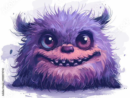 A cartoon monster with a big smile and purple hair. The monster has a big mouth and is looking at the camera