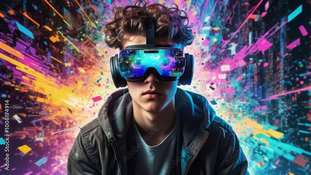Teenager and virtual reality glasses, close-up. Conceptual photo of the application of modern technologies. The photo was taken using artificial intelligence technology. Teenager and virtual reality glasses, close-up. Conceptual photo of the application of modern technologies. The photo was taken using artificial intelligence technology.