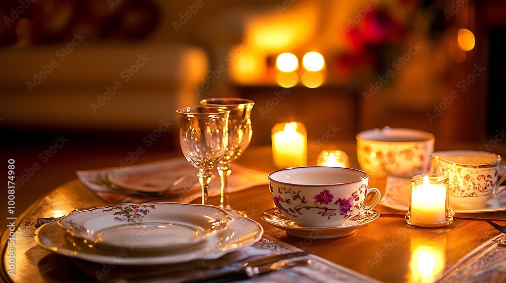 Romantic Candlelit Dinner: A cozy and intimate setting for a special occasion, featuring a beautifully set table with delicate china, shimmering glasses, and warm candlelight. Romantic Candlelit Dinner: A cozy and intimate setting for a special occasion, featuring a beautifully set table with delicate china, shimmering glasses, and warm candlelight.