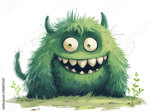 A green monster with big teeth and a big smile. It looks like it's happy and ready to eat something photo