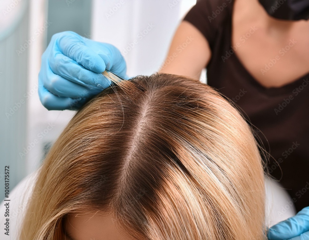Naklejka premium Woman treatment of alopecia concept at home; crysis and hair loss solution