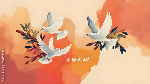 Peaceful Doves in a Warless Sky; A contemporary, minimalist depiction of doves soaring across a gradient sky of warm colors and the birds with the message 