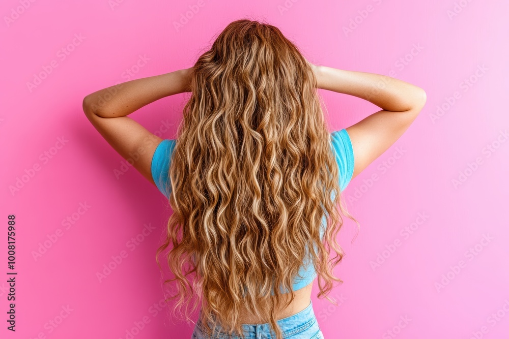 Fototapeta premium Young woman with curly hair standing pink background