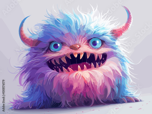A cartoon monster with blue fur and horns is shown with its mouth wide open. The monster has a menacing look on its face, and its teeth are visible. The image is a playful