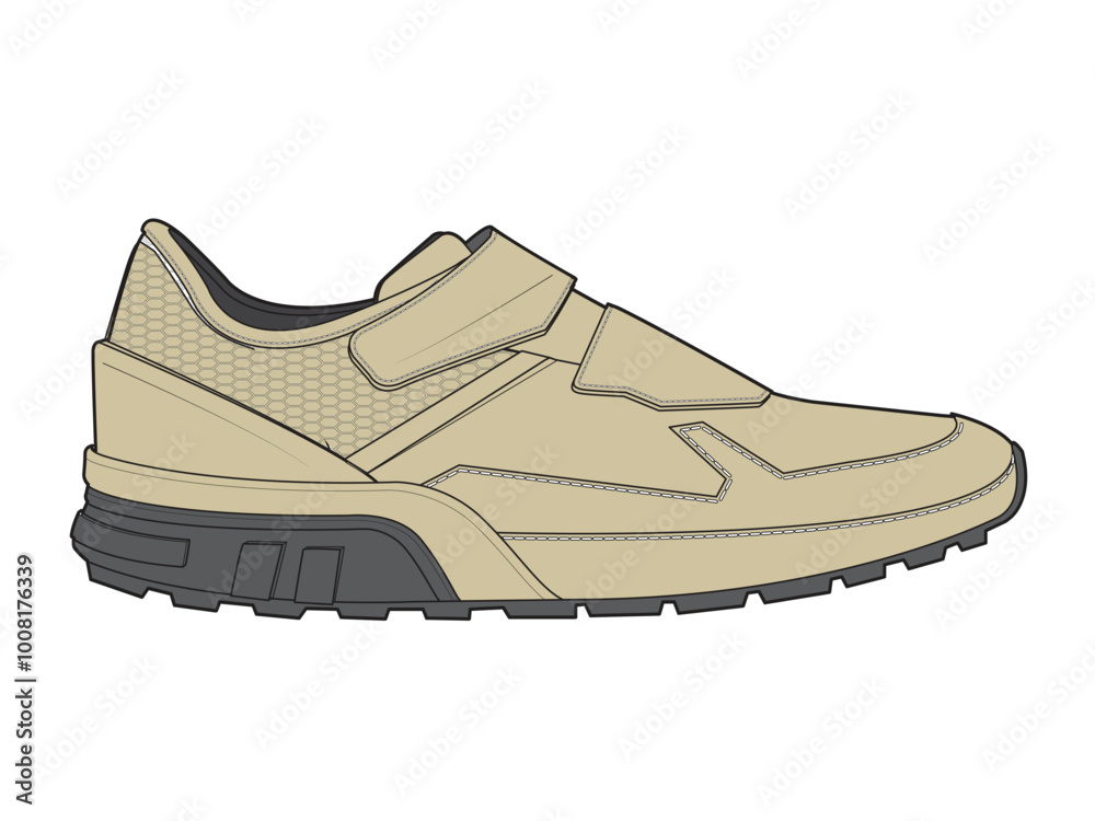 Velcro shoes for men technical flat sketch vector mockup template Velcro shoes for men technical flat sketch vector mockup template
