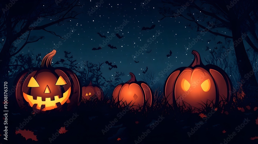 Glowing Pumpkins and Bats in Spooky Nighttime Forest Scene for Halloween Glowing Pumpkins and Bats in Spooky Nighttime Forest Scene for Halloween