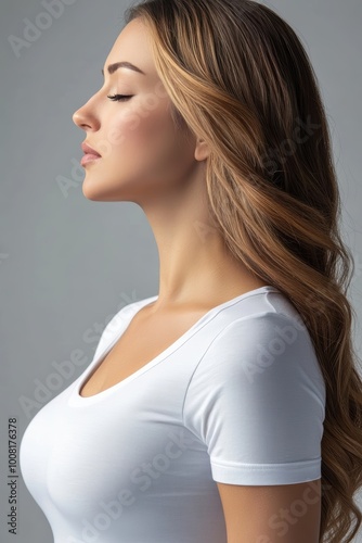 Serene beauty profile of young woman with long hair