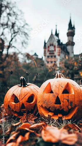 White background of pumpkins and castle, Halloween elements, Happy Halloween photo