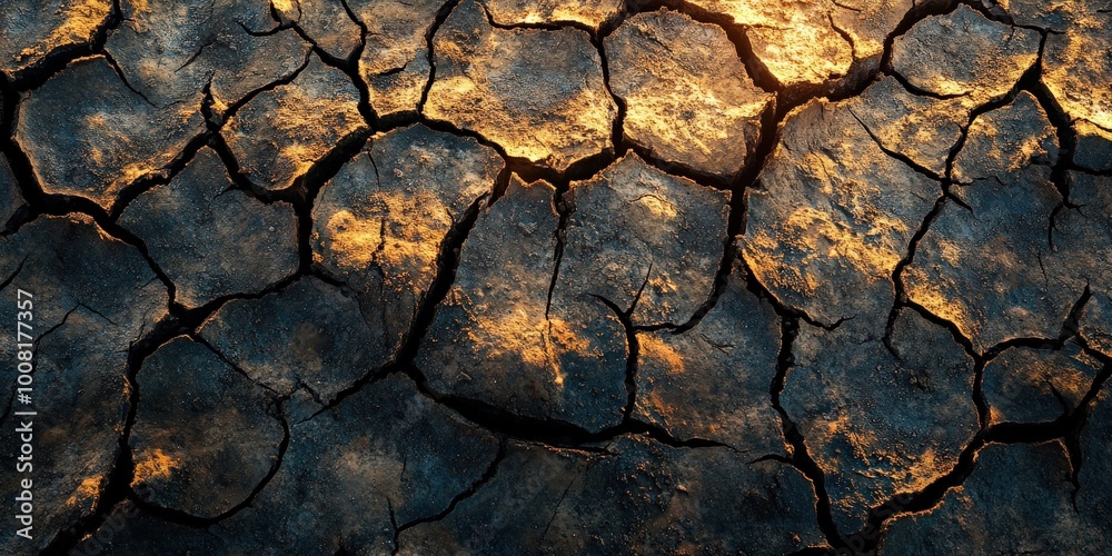Cracked Drought Soil During Sunset, Environmental Crisis Scene Cracked Drought Soil During Sunset, Environmental Crisis Scene