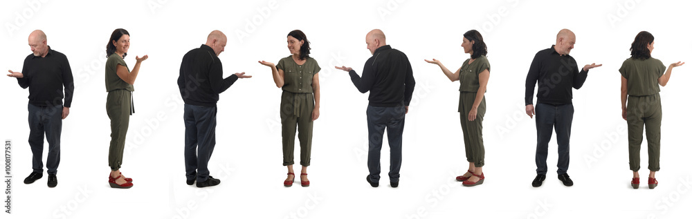 front side and back view of same woman and man showing an imaginary object in her hand on white background front side and back view of same woman and man showing an imaginary object in her hand on white background