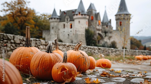 White background of pumpkins and castle, Halloween elements, Happy Halloween photo