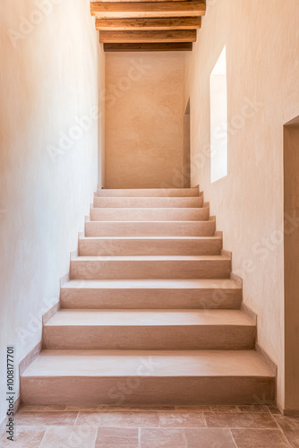 Elegant staircase leading to a serene upper floor in a minimalist interior design