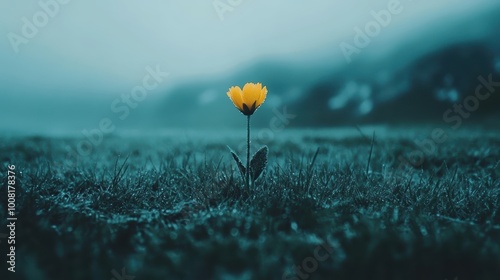 Solitary yellow flower standing in moody blue field photo