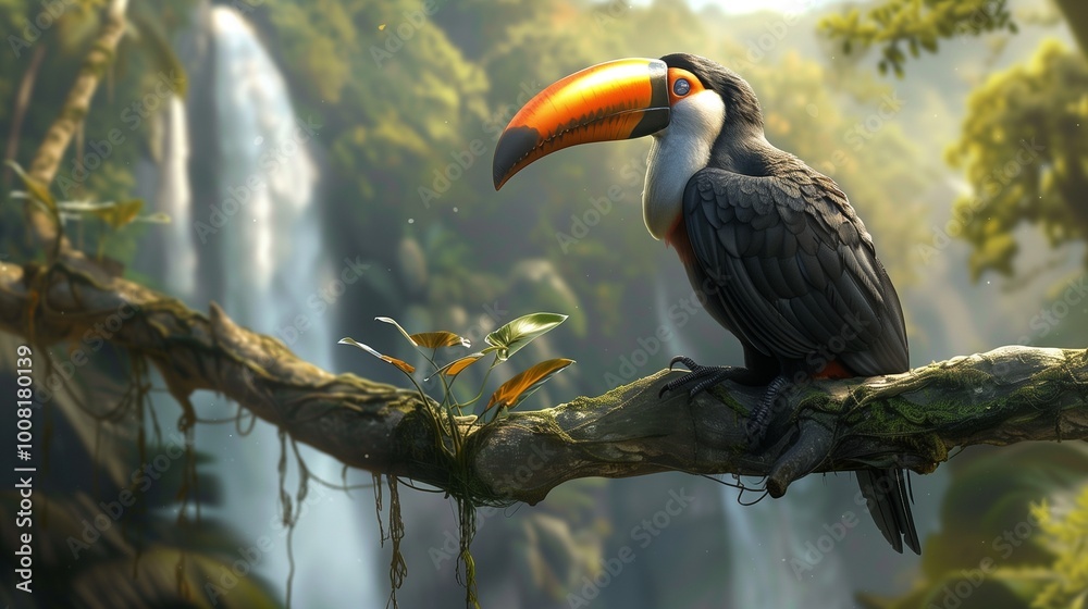 A toucan sitting on a branch with a waterfall in the background. A toucan sitting on a branch with a waterfall in the background.