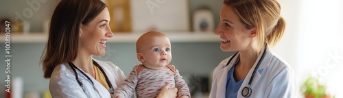 Doctors with baby in a bright office setting