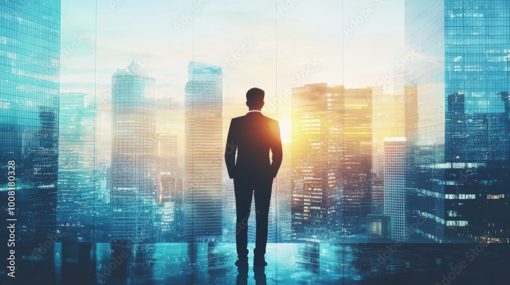 Businessman Looking At Cityscape From Window Businessman Looking At Cityscape From Window
