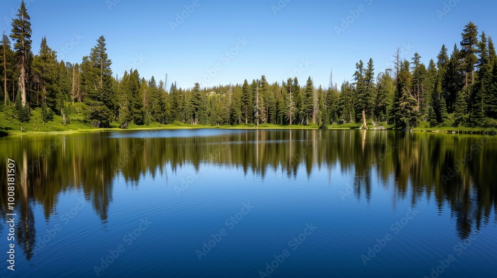 A tranquil lake surrounded by towering pine trees, their reflections mirrored perfectly in the still water under a clear blue sky. A tranquil lake surrounded by towering pine trees, their reflections mirrored perfectly in the still water under a clear blue sky.