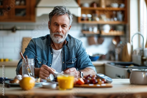 Mature man with beard having breakfast at home kitchen