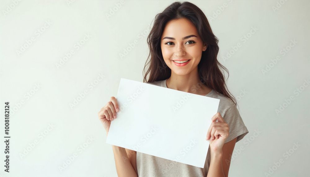 Smiling Young Woman Holding a Blank Sign for Custom Text Smiling Young Woman Holding a Blank Sign for Custom Text