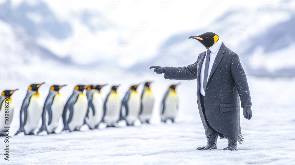 Obraz premium King penguin boss pointing at something with group of penguins following