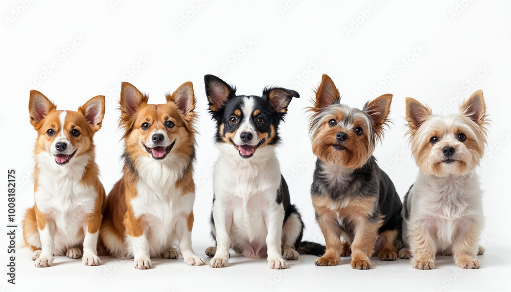 Bundle of five portraits of happy dogs, chihuahua, border collie, corgie, highland terrier, yorkshire terrier, animal collection