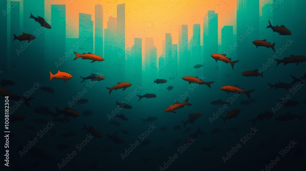 Obraz premium Cityscape Underwater Due to Rising Sea Levels