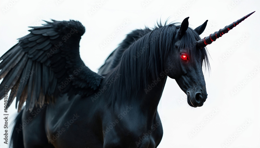 Fototapeta premium A black pegasus with glowing evil looking red eyes and dark angel wings and a demonic unicorn horn isolated on a white background