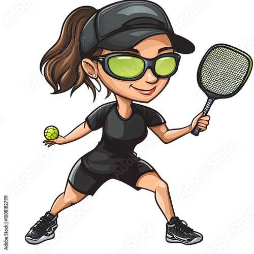 Sunglasses. Clad Cartoon Woman Demonstrating Pickleball Expertise. Isolated on a Transparent Background. Cutout PNG.