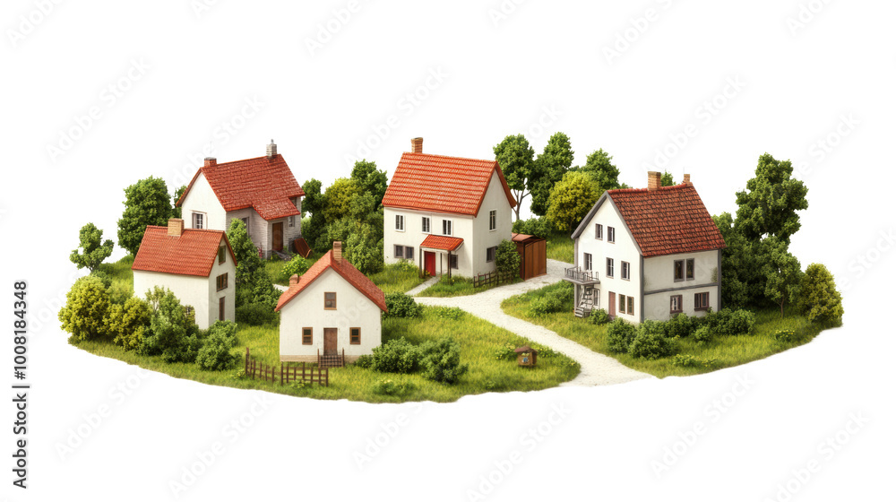 Miniature houses with red roofs surrounded by greenery create charming scene isolated on a white background, transparent background. Miniature houses with red roofs surrounded by greenery create charming scene isolated on a white background, transparent background.