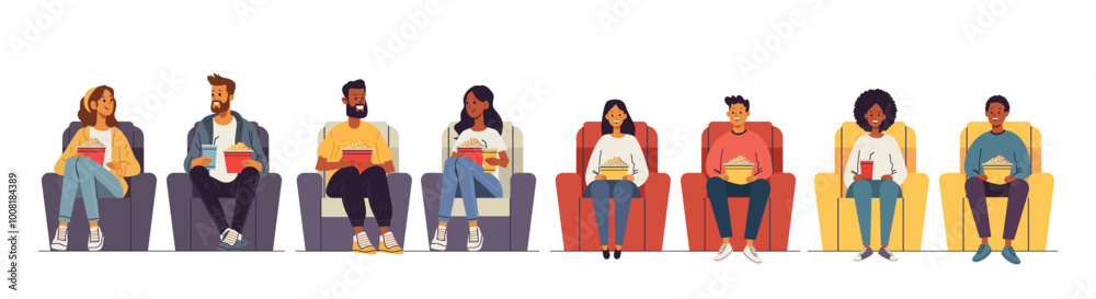 People sitting in cinema theater watching movie eating popcorn colorful seats diverse audience People sitting in cinema theater watching movie eating popcorn colorful seats diverse audience