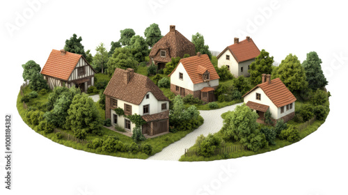 charming village scene with quaint houses surrounded by lush greenery isolated on a white background, transparent background.