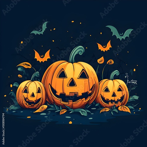 Festive Halloween Cartoon Scene with Glowing Pumpkin Lanterns Bats and Spooky