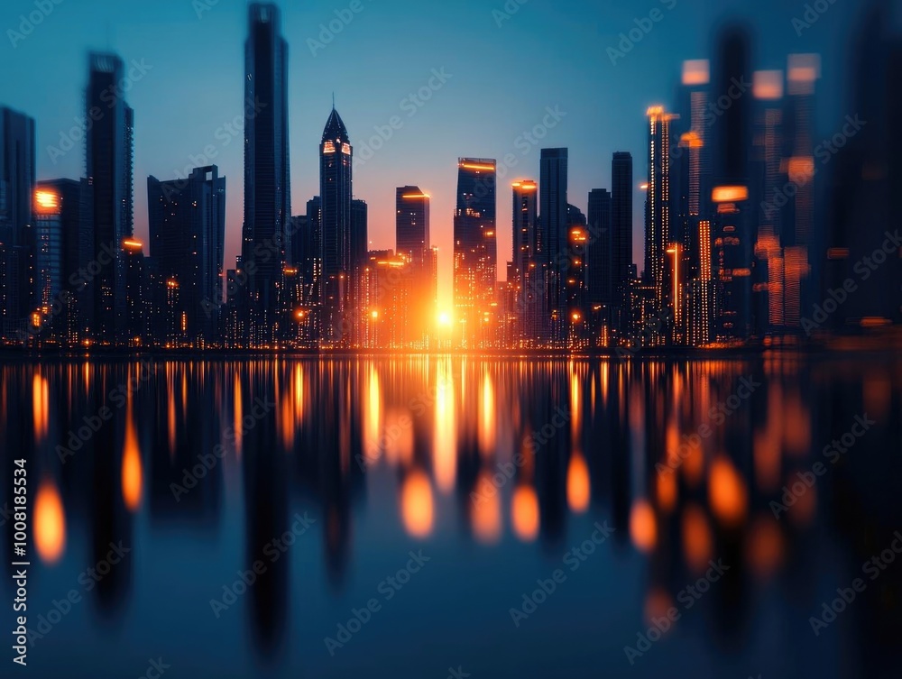 Stunning city skyline at sunset, with reflections on water and glowing lights in skyscrapers, creating a vibrant urban atmosphere. Stunning city skyline at sunset, with reflections on water and glowing lights in skyscrapers, creating a vibrant urban atmosphere.