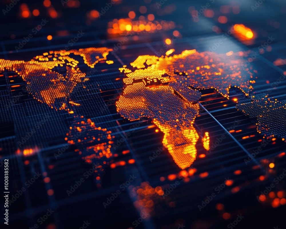A vibrant digital map of the world illuminated with glowing orange lights, showcasing intricate global connections.