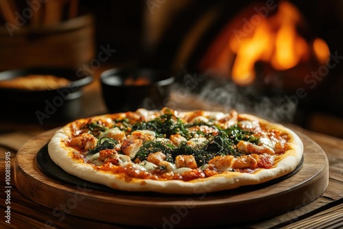 Fusion pizza with Japanese ingredients like seaweed and teriyaki chicken, baked to perfection in a hotel s wood-fired oven, fusion cuisine, creative pizza