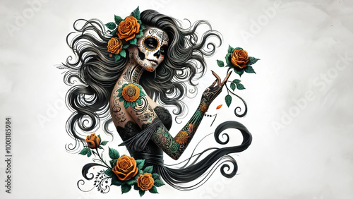 Portrait of Catrina skull face in orange and gray colors isolated on white background for day of the dead concept