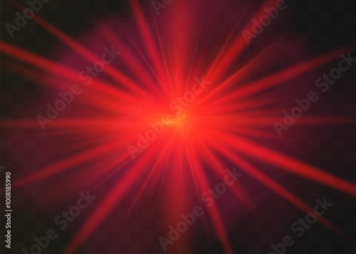 Red light effect reflections, neon illumination in red colors. Bright light lens. Police light effects, lines. Shiny stars, glowing sparks on a black background. Vector