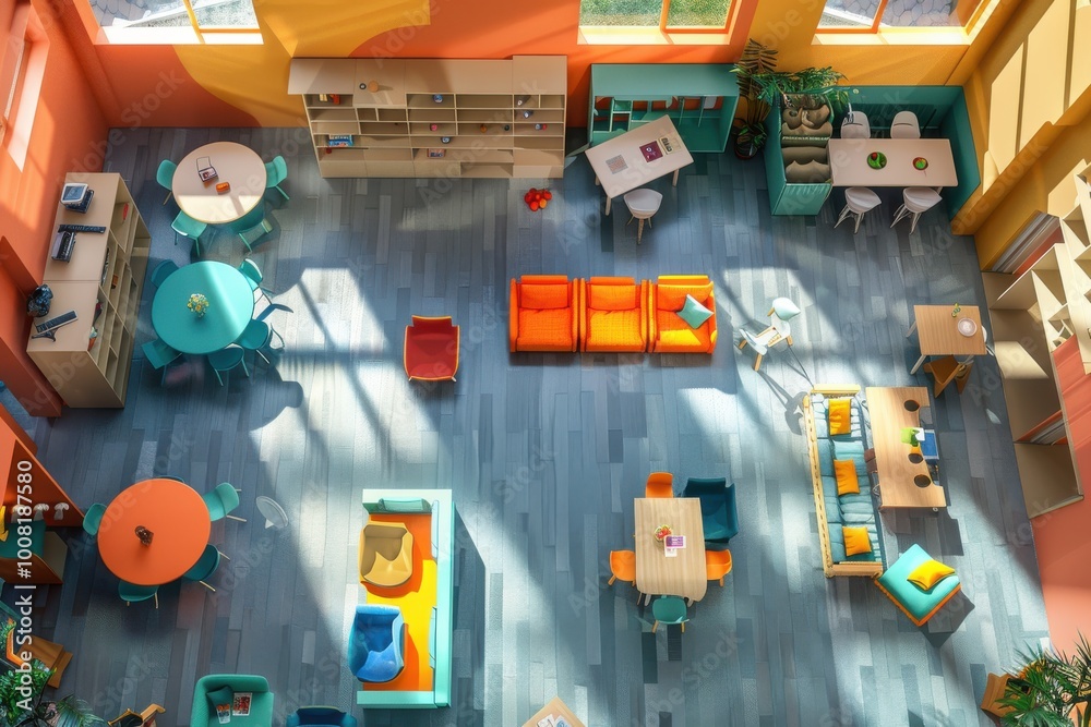 Brightly lit community space with colorful seating and playful decor at midday Brightly lit community space with colorful seating and playful decor at midday
